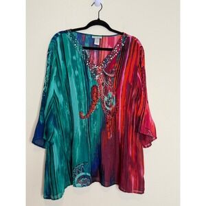 Catherines 1XWP Petite Plus Sequin V-Neck Abstract Paisley Crinkle Blouse Top